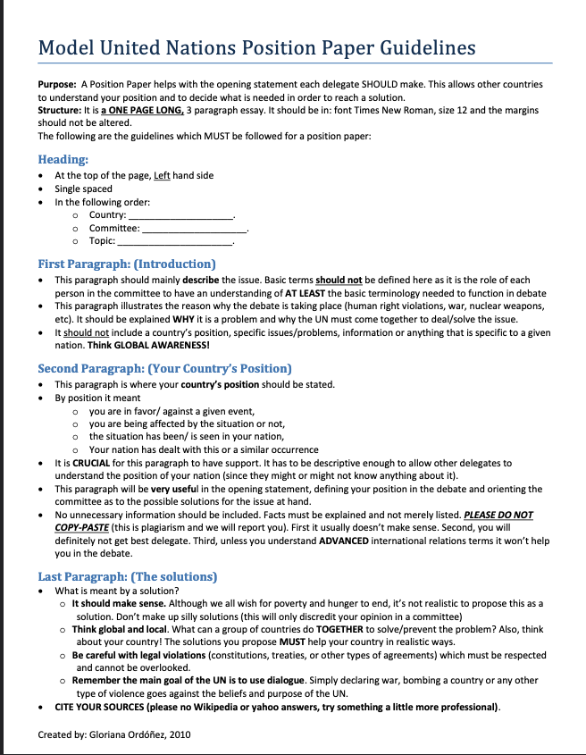 MUN Position Paper Template
